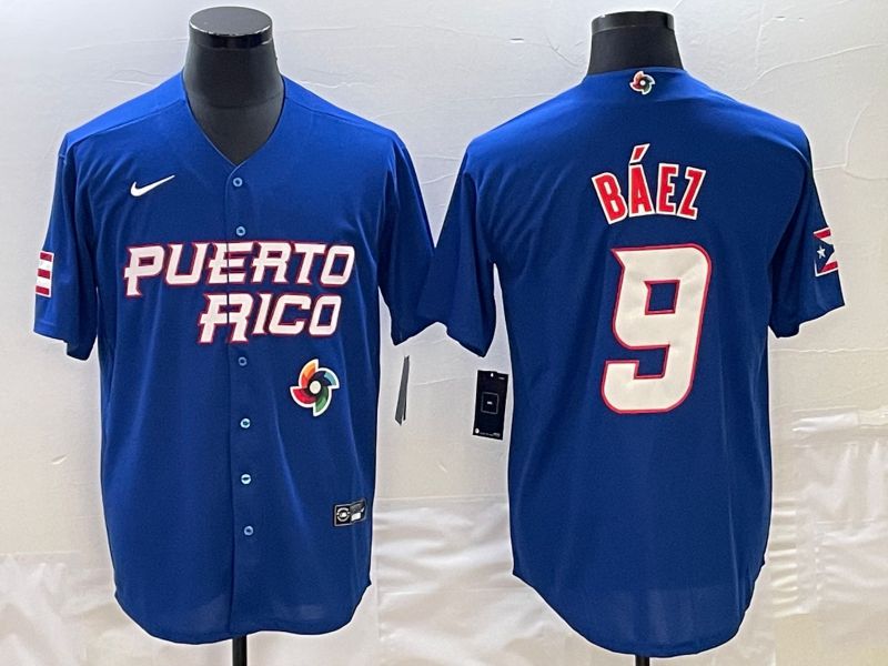 Men 2023 World Cub Puerto Rico #9 Baez Blue Nike MLB Jersey1